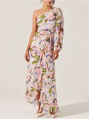 One-Shoulder Pink Floral Maxi Dress